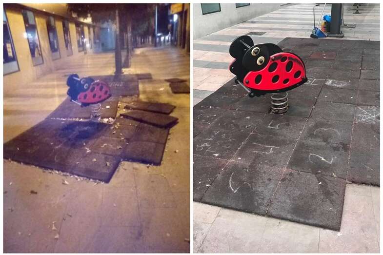 Destrozos ocasionados al área infantil de la calle de Barbería y ya reparado (Foto TA)